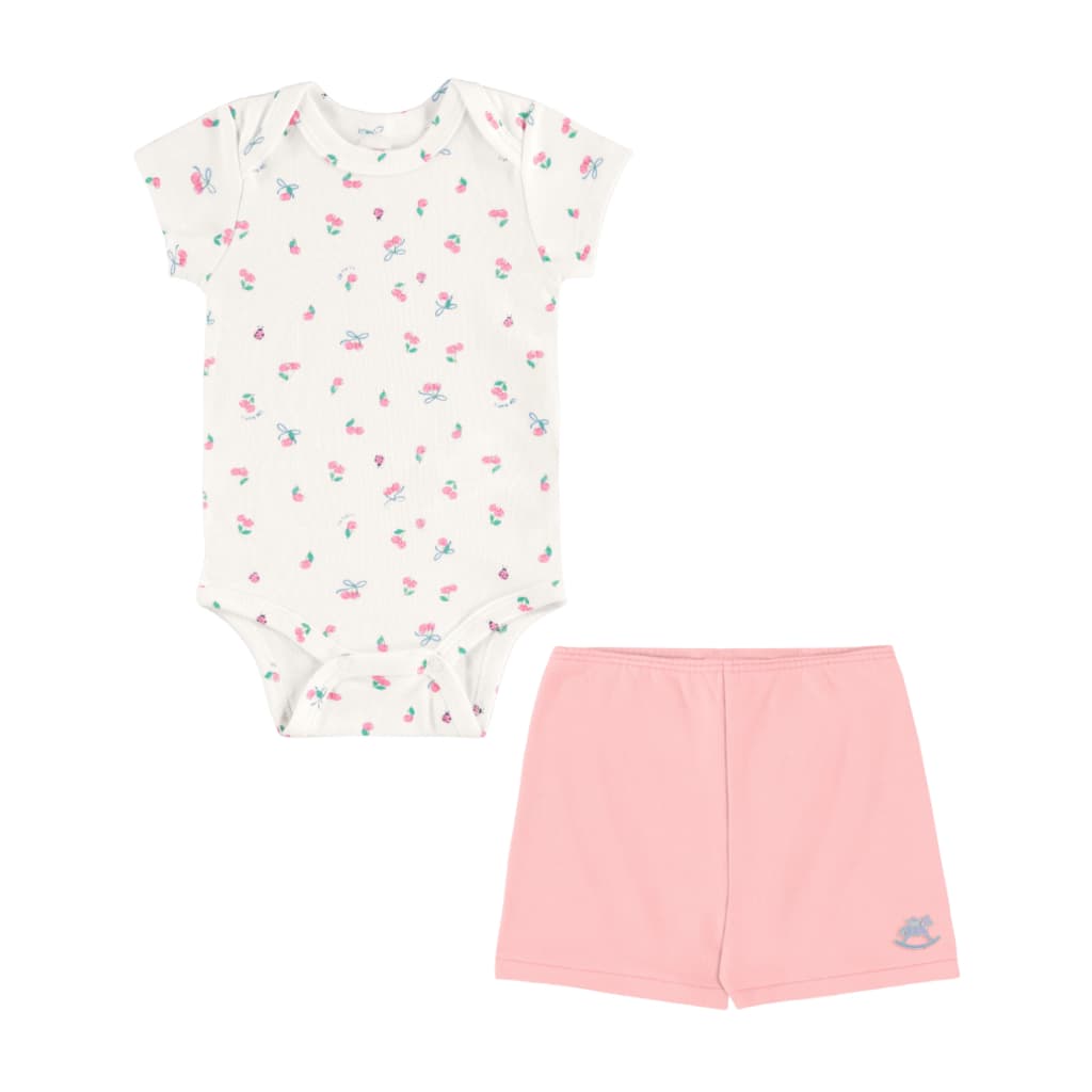 Conjunto 2 Peças Body e Shorts Bebê Menina Algodão Nobre Body Florzinha e Shorts Rosa | Up Baby