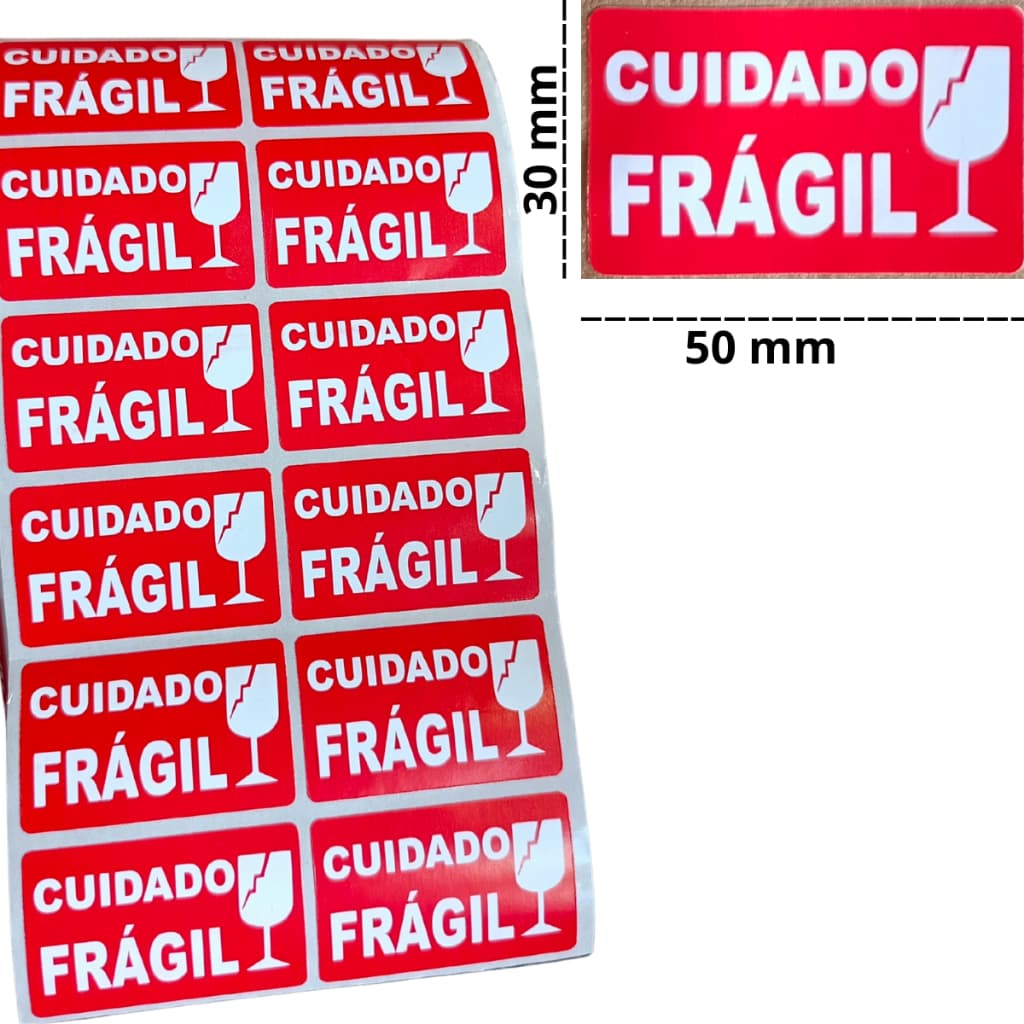 Etiquetas Adesiva Cuidado Frágil 50x30 mm fundo branco -MAIS SEGURANÇA NO ARMAZENAMENTO E TRANSPORTE