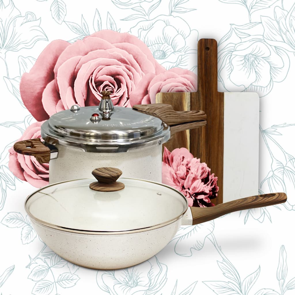 Panela De Pressão Antiaderente Mimo Style 6.8l + Panela Wok + Tábua Mármore 3pc