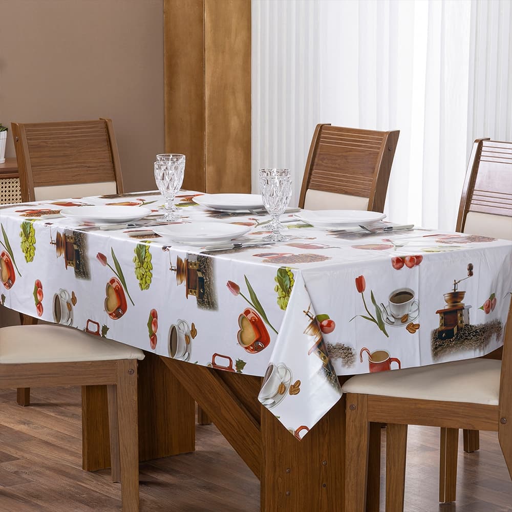 Toalha de Mesa Simples Térmica Impermeável Prática Dia-a-Dia Fácil de Limpar PVC Retangular 2,20x1,40 6 Lug.