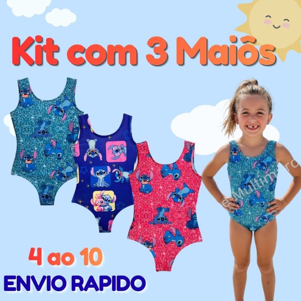 Kit com 3 maiôs Stitch K Pop e outros 4 ao 10 / Moda Praia Piscina Verão Maiô Infantil Menina Natação