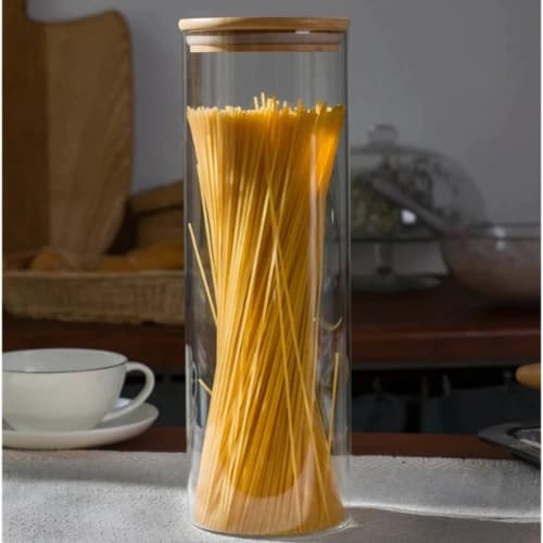 Pote de Vidro Circular Hermético com Tampa de Bambu Açúcar, Farinhas Vidro borossilicato