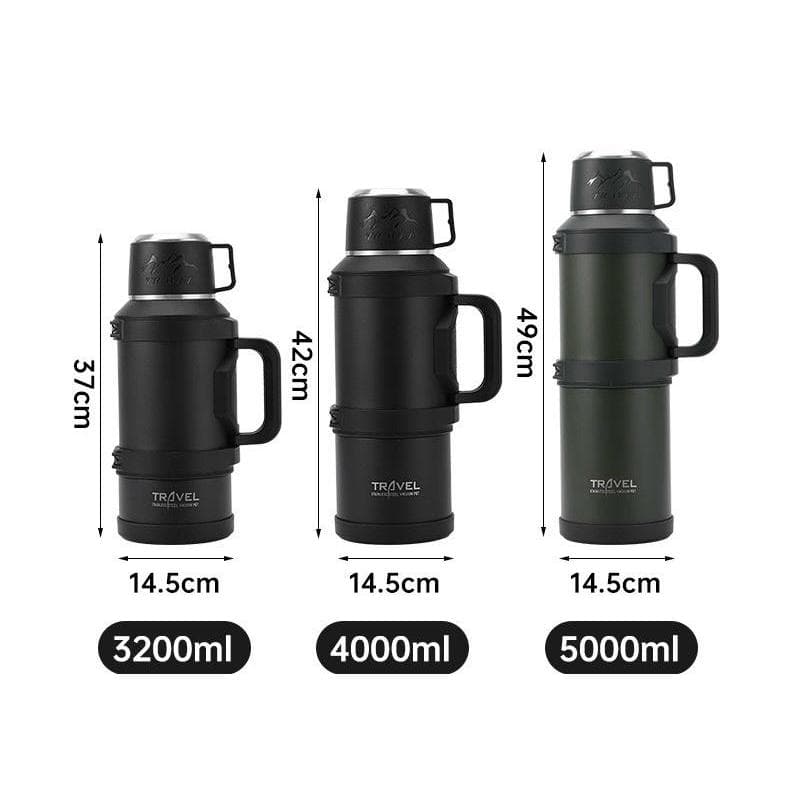 Garrafa Térmica Inox Travel 3,2L / 4L / 5L – Com Alça, Tampa Copo e Duas Tampas Internas, acampamento, militar, trilhas