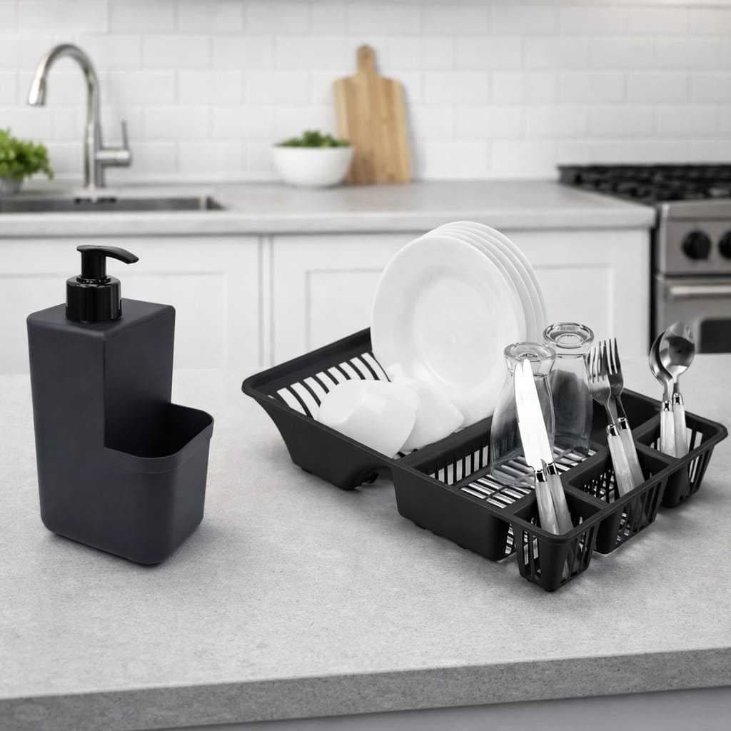 Kit Cozinha 2 Pecas Porta Detergente E Esponja Com Dispenser  + Escorredor De Loucas Pia Limpeza Decoração Organização