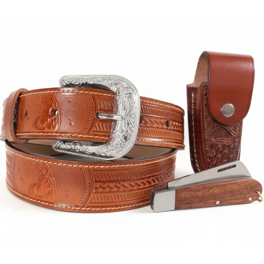 Conjunto de Cinto Country com Bainha de Couro + Canivete