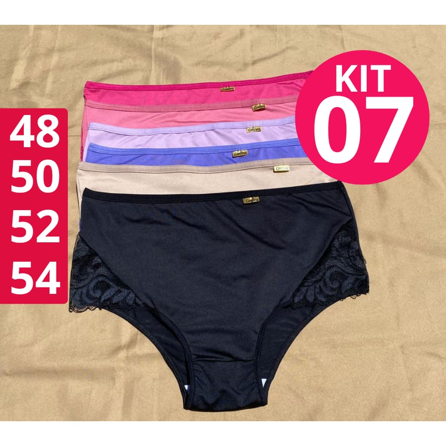 Kit 7 Calcinha Senhora Plus Size Tangão Microfribra Premuim Calçola com Renda Confortavel Cós Alto