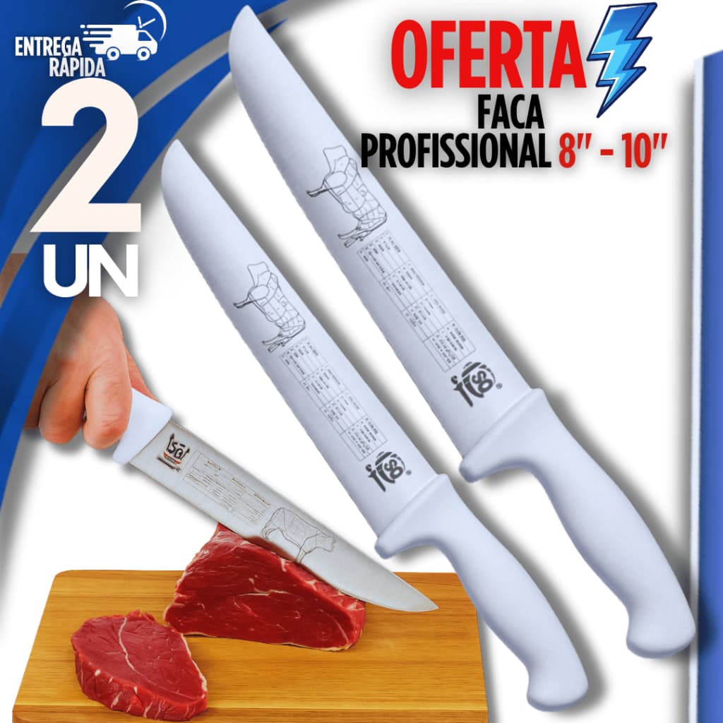 KIT 02 Facas Carne Chef Aço Cabo Branco 8'' ou 10" Profissional Churrasco Entre as melhores facas de cozinha Premium