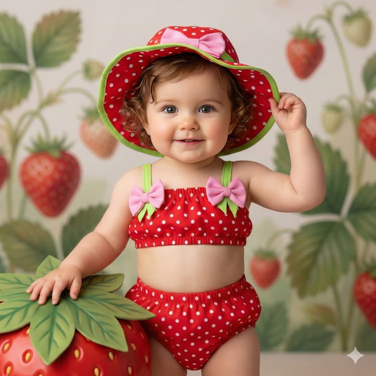 Conjunto + Chapéu Kit 3 Peças Infantil Banho de Sol Menina Bebê Moranguinho Morango Bolinhas Verão