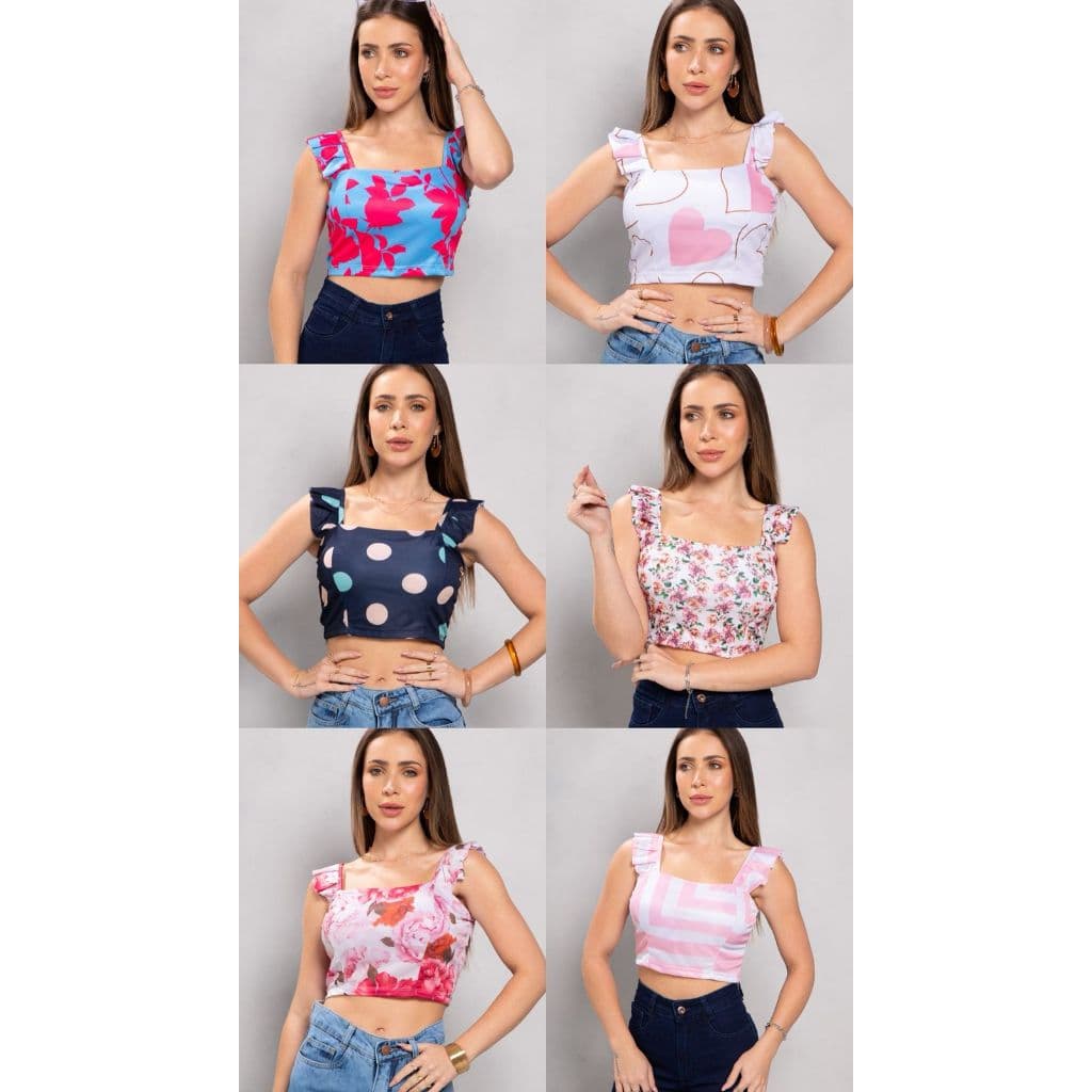KIT CROPPED ESTAMPADO DE ALÇA BABADO  MODA VERÃO FEMININA