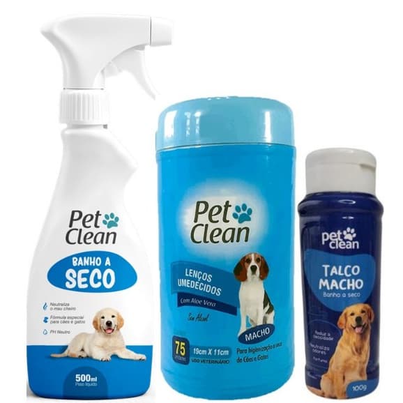 Kit Higiene Cão Macho Pet Clean: Banho a Seco 500ml + Talco 100g + Lenços 75un  - Limpeza Profunda e Perfumada