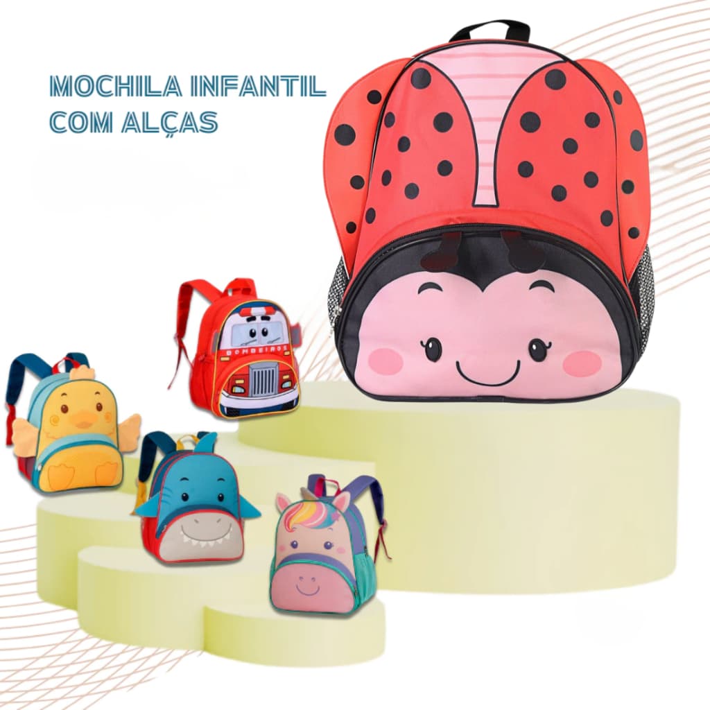 Kit Mochila Infantil Rodinhas Bichinhos Escolar + Lancheira Térmica no Mesmo Tema Para Escola