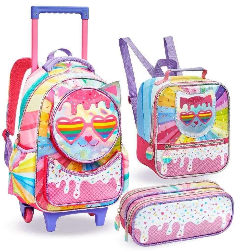 Kit Mochila Escolar Feminina Gatinha + Lancheira Térmica + Estojo Com Rodinhas Volta as aulas