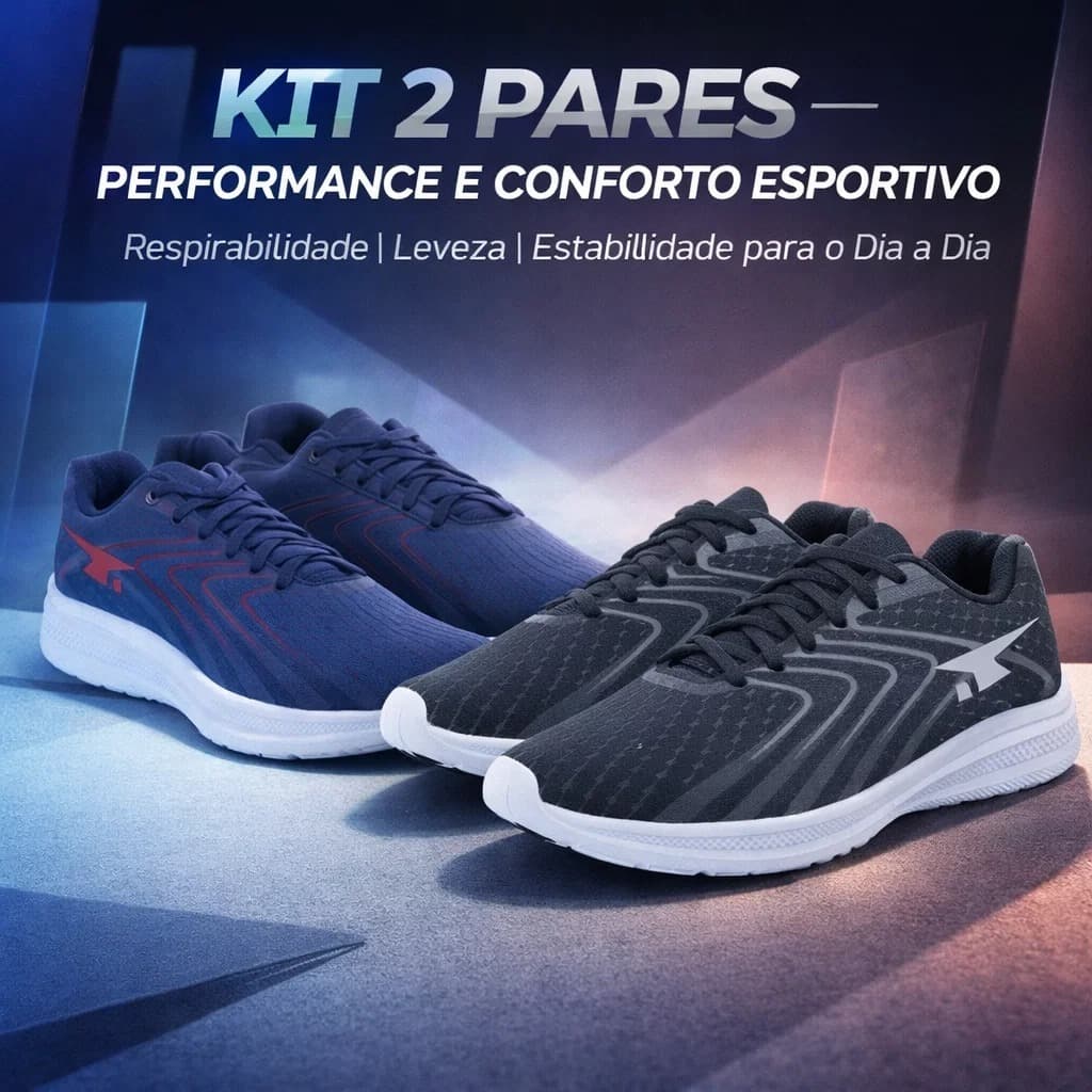 KIT 2 PARES Tênis Masculino Caminhada Academia Treino Fitness Leve Confortável Uso Diário