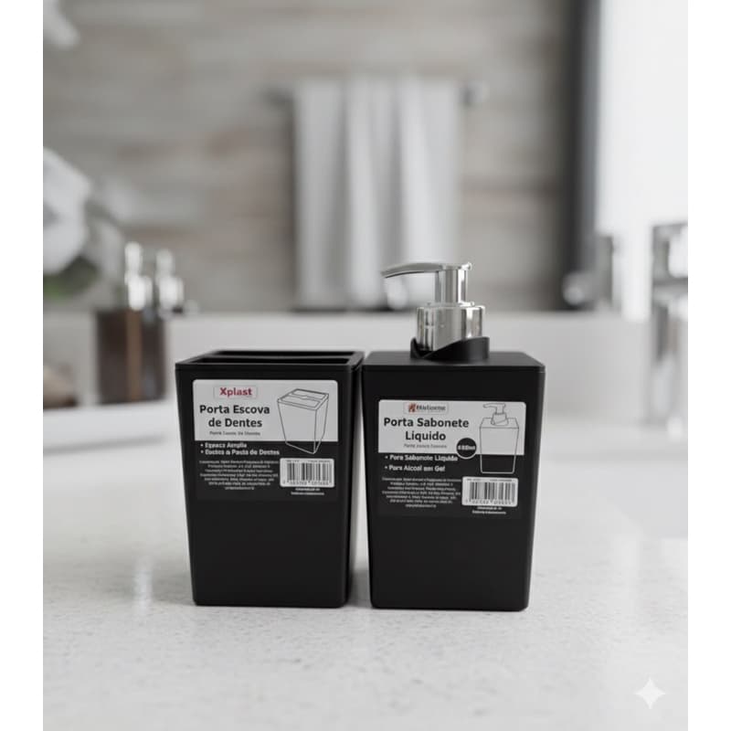 Kit Banheiro Organizador 2 Peças Preto Dispenser Sabonete Liquido E Porta Escova