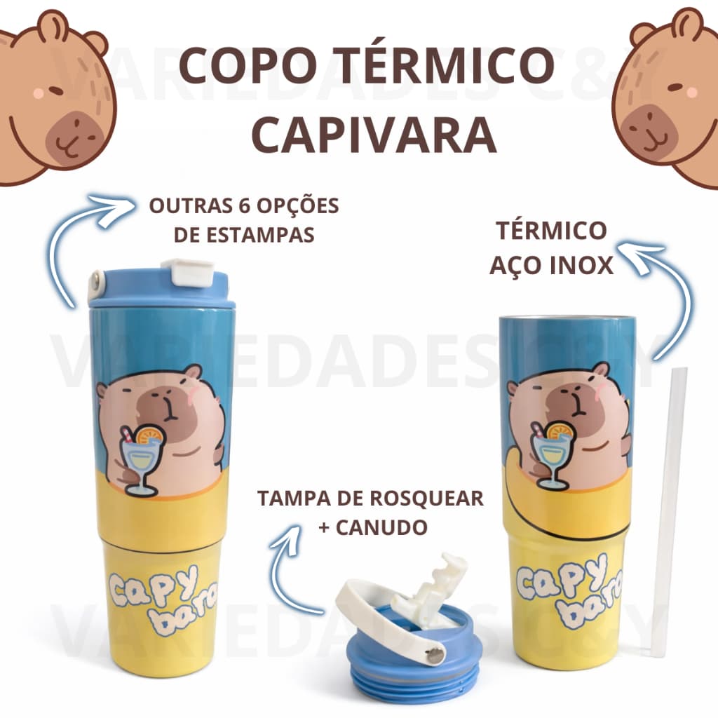 Copo Térmico Infantil Capivara Inox com Canudo e Tampa Varias Estampas