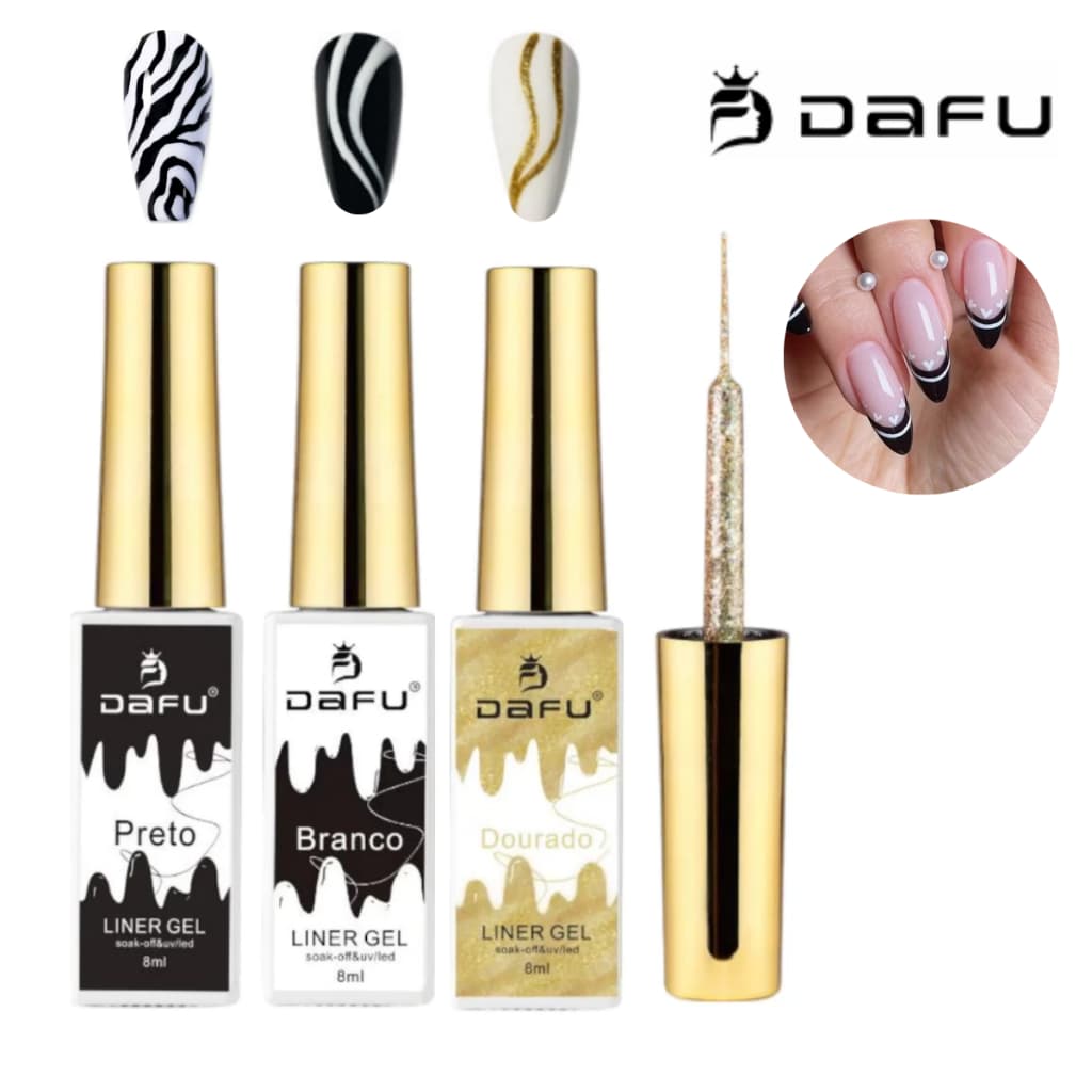 Kit 3 Esmaltes em Gel Fine Line Dafu Dourado Branco Preto 8ml Alongamento Unha Seca em Cabine Uv/Led