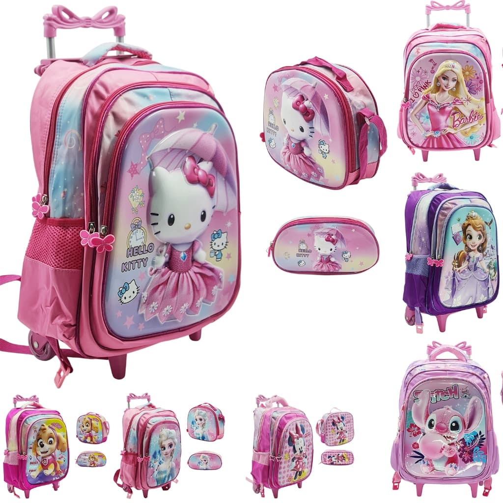 Mochila Escolar Infantil 3D Carrinho Kit Com Estojo Lancheira Térmica Impermeável Rodinhas 3 Peças - Menina