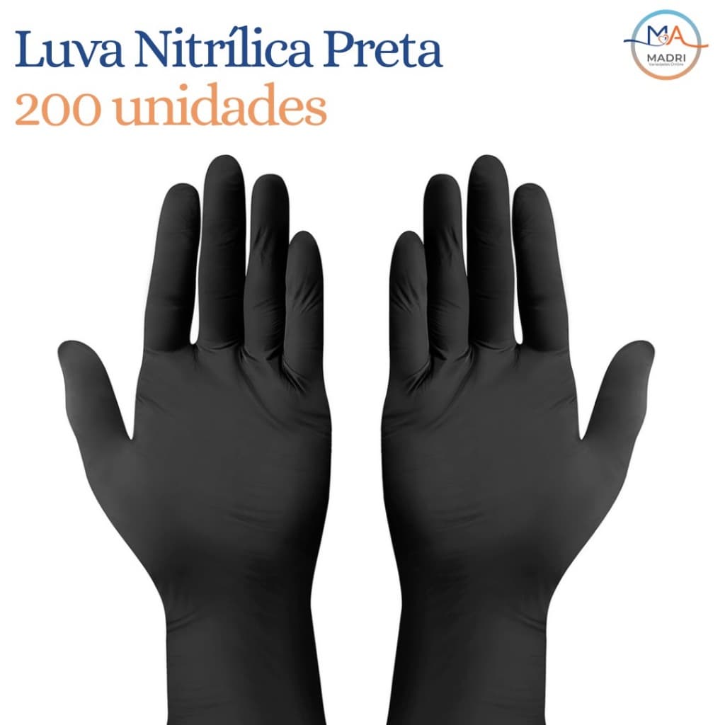 Kit 200 Luva Nitrílica Preta - Descartável | Sem Pó Tam. P, M, e G