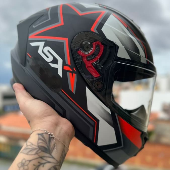 CAPACETE ASX DRAKEN PILOT STAR ESTRELA PRETO FOSCO VERMELHO + NARIGUEIRA + VISEIRA CRISTAL