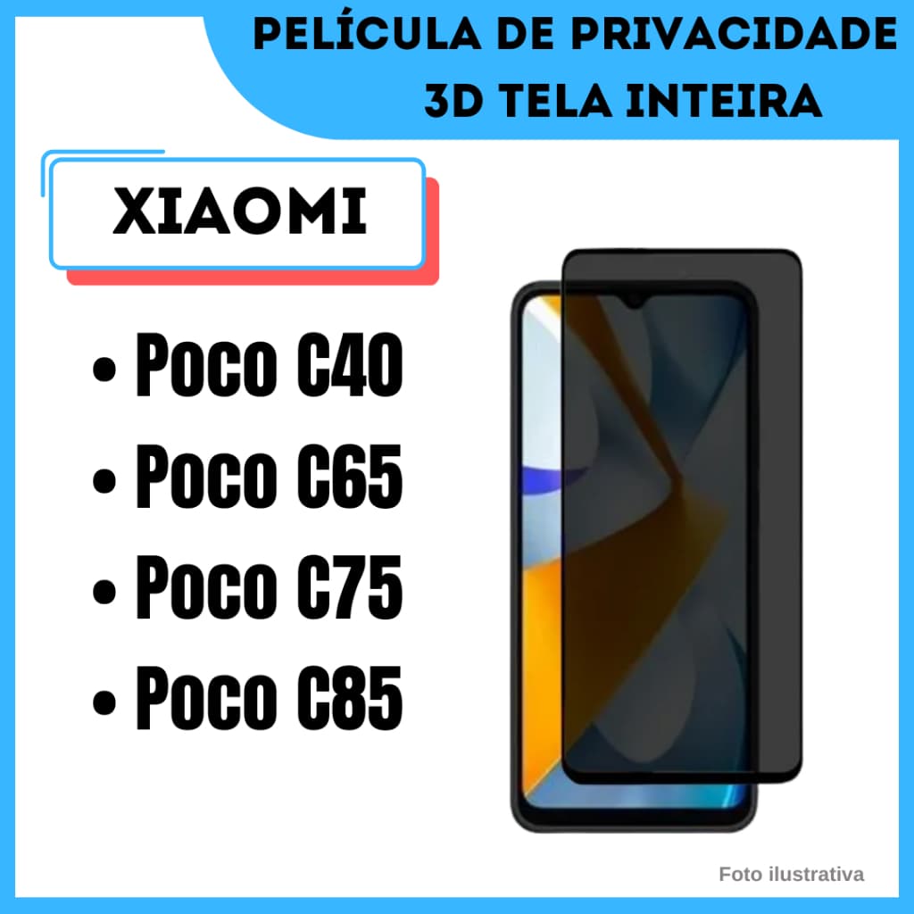 Película de Vidro de Privacidade para Xiaomi Poco C40 / Poco C65 / Poco C75 / Poco C85 / Película 3D.