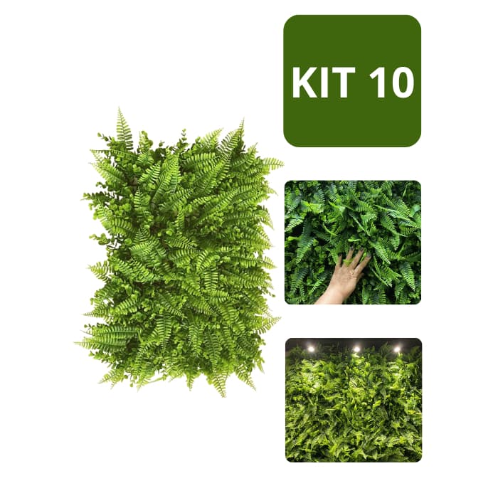Kit 10 Placa de Samambaia e Eucalipto 40x60 Jardim Vertical Artificial Parede Verde Muro Ingles Folhagem Mista