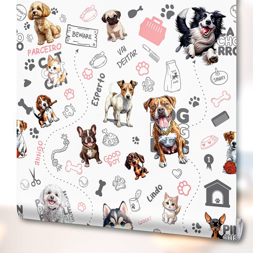 Papel de Parede Adesivo PetShop Animais Cachorro Gato Decoração Veterinaria dog Vinilico Lavável