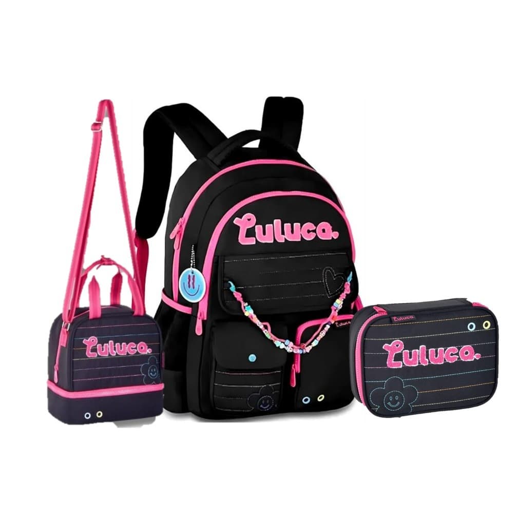 Kit Mochila Luluca Letras Lancheira E Estojo 2025 Preto