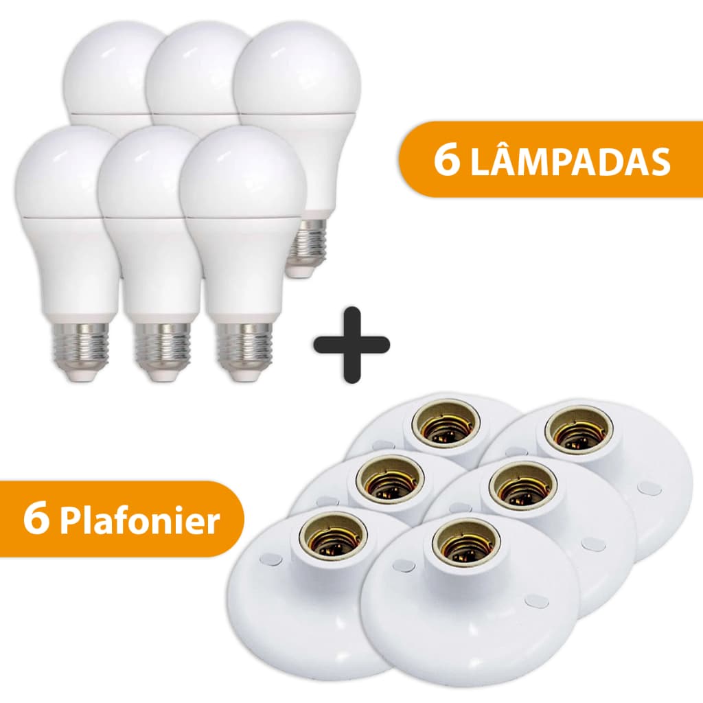 Kit 06 Plafon Plafonier Branco Bocal E27 + 06 Lâmpada Led 9w Branco Frio