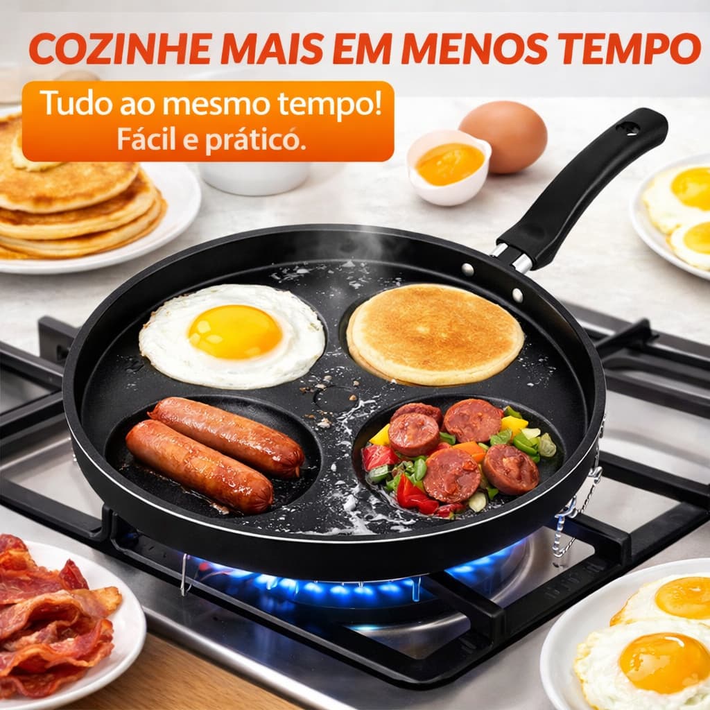 Frigideira Antiaderente 4 em 1 com Divisórias | Multiuso para Ovos e Hambúrgueres | 1,5L | Cereja/Preta