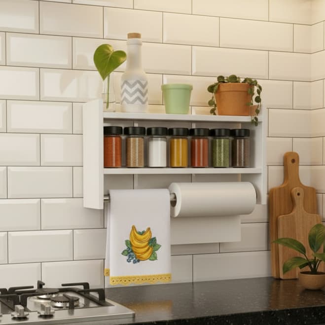 Nicho Porta Temperos de Parede com Suporte para Papel Toalha e Pano de Prato – MDF Branco 15MM