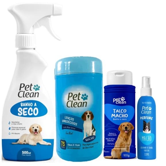 Kit Higiene Pet Macho Completo Pet Clean: Banho a Seco 500ml + Talco + Lenços + Perfume 120ml