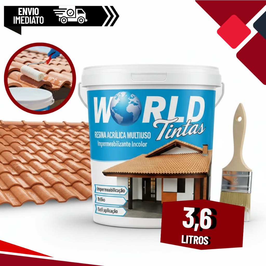 Resina Acrílica 3,6 Litros Incolor Base Água World Telhados Telha Concreto Tijolos Pedras
