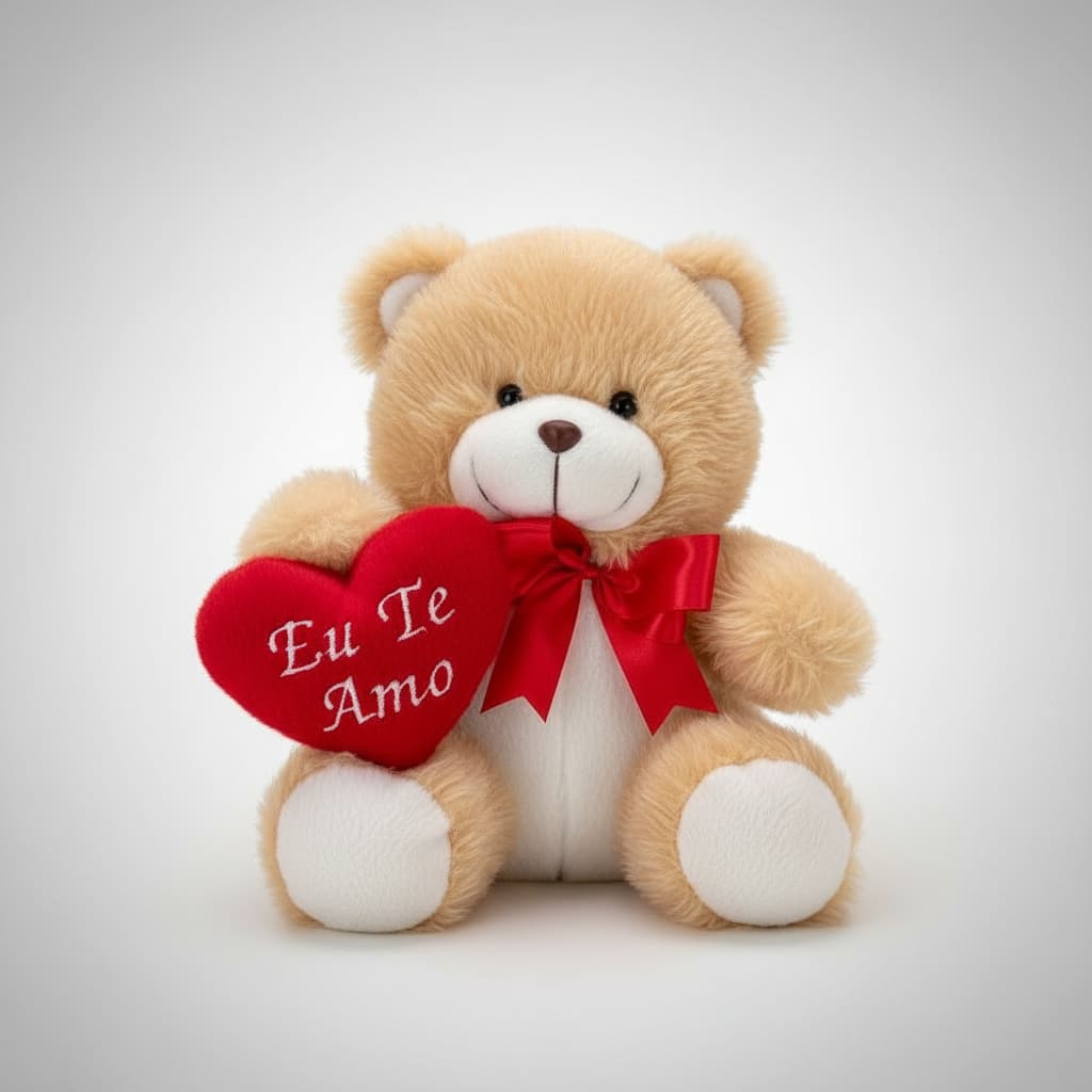 Urso de Pelúcia 20cm com Coração Bordado e laço de Cetim