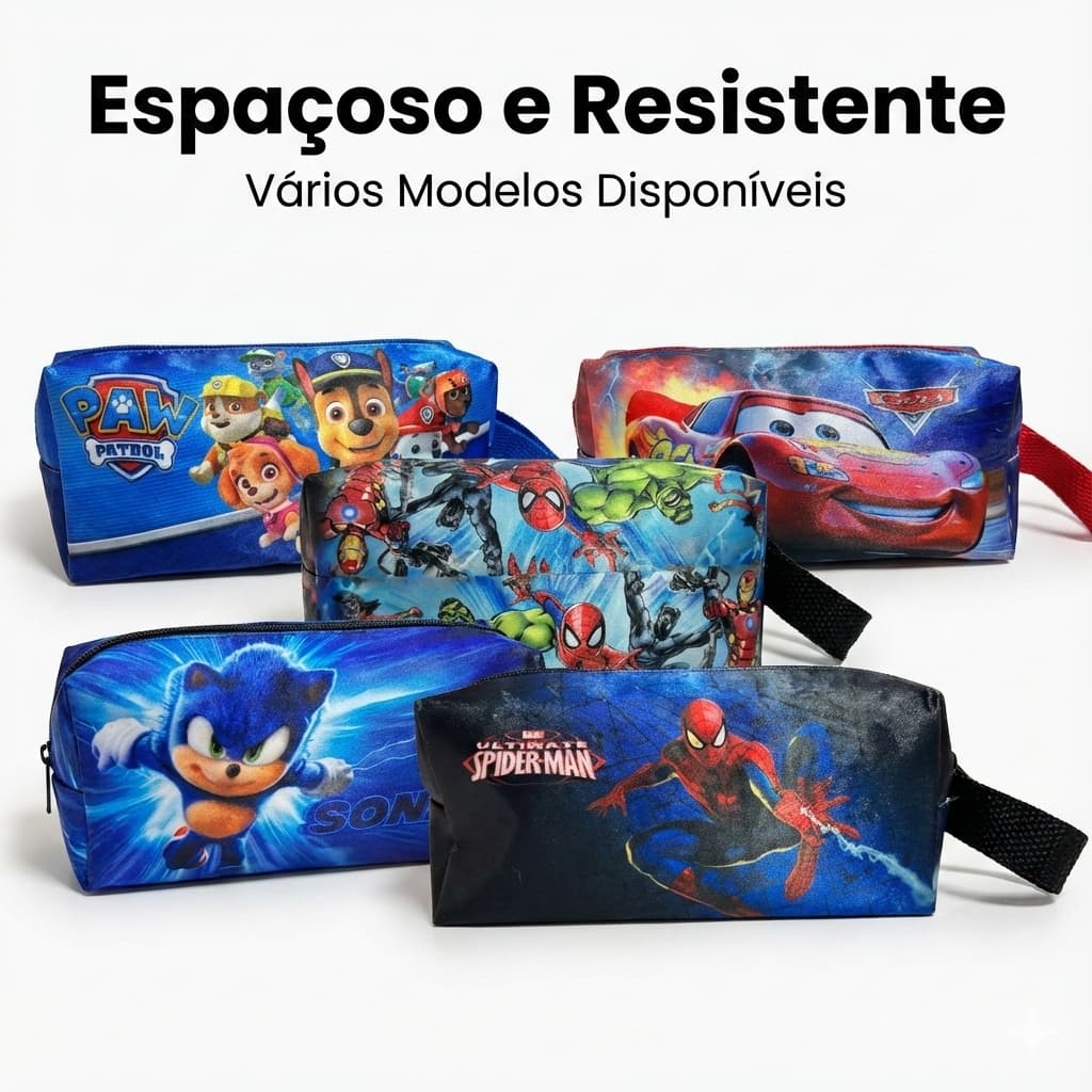 Estojo Escolar Grande Premium Homem-Aranha Herois Sonic Carros Para Meninos