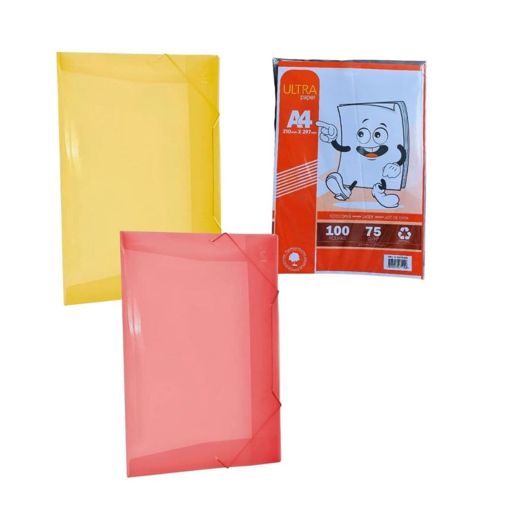 kit c/ 2 unidades Pastas A4 com Elástico para Fechamento Seguro, Aba Grande e 1 pacote de sulfite, a 4 c/ 100 folhas