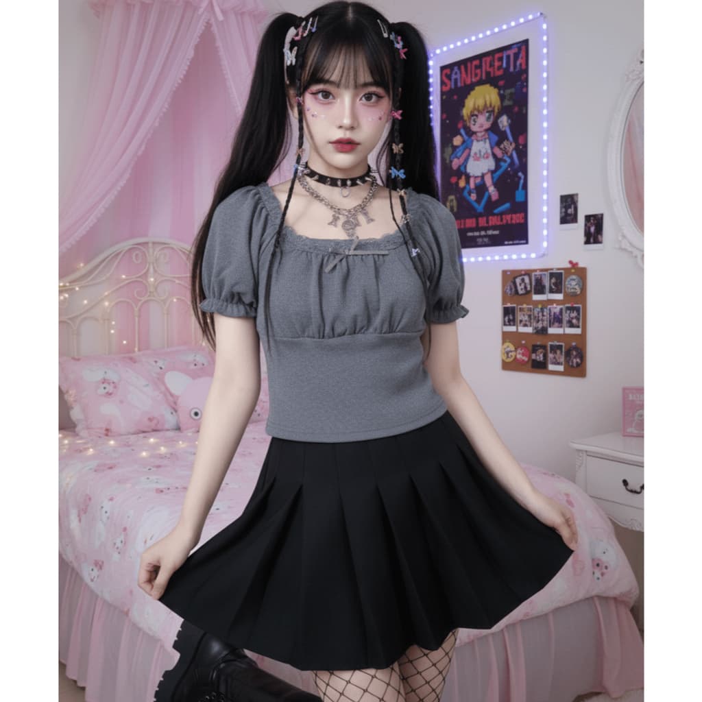 blusa cinza bufante renda laço kawaii coquette aesthetic egirl y2k soft girl babygirl estilo coreano