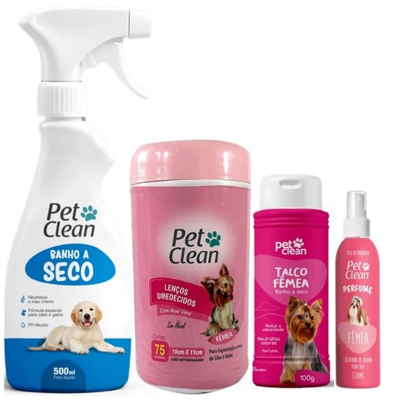 Kit Higiene Pet Fêmea Completo Pet Clean: Banho a Seco 500ml + Talco + Lenços + Perfume 120ml