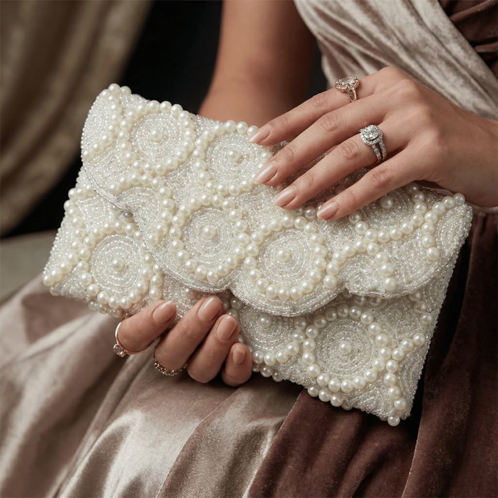 Bolsa Clutch de Festa Luxo Bordada com Pérolas e Miçangas Branca Casamento Evento Carteira de Mão