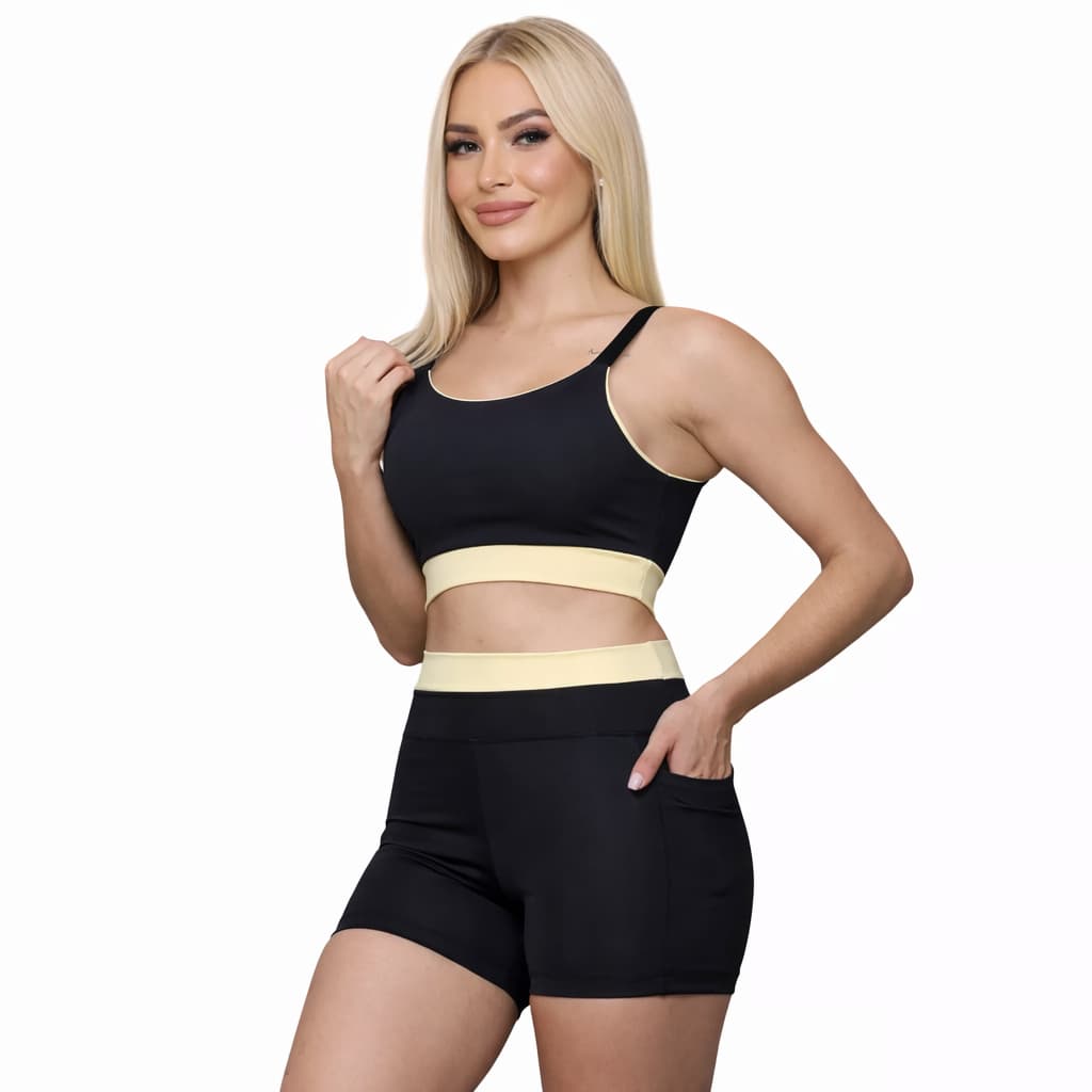 Conjunto Academia Fitness Short e Top Alça Alcinha em Suplex com Bolso Cintura Alta Verão Feminino Zero Transparência