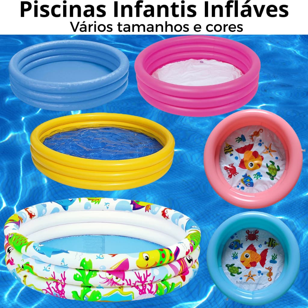 Piscina Infantil Inflável Colorida Praia Verão 2 e 3 Anéis Água e Bolinhas Vários Tamanhos e Cores