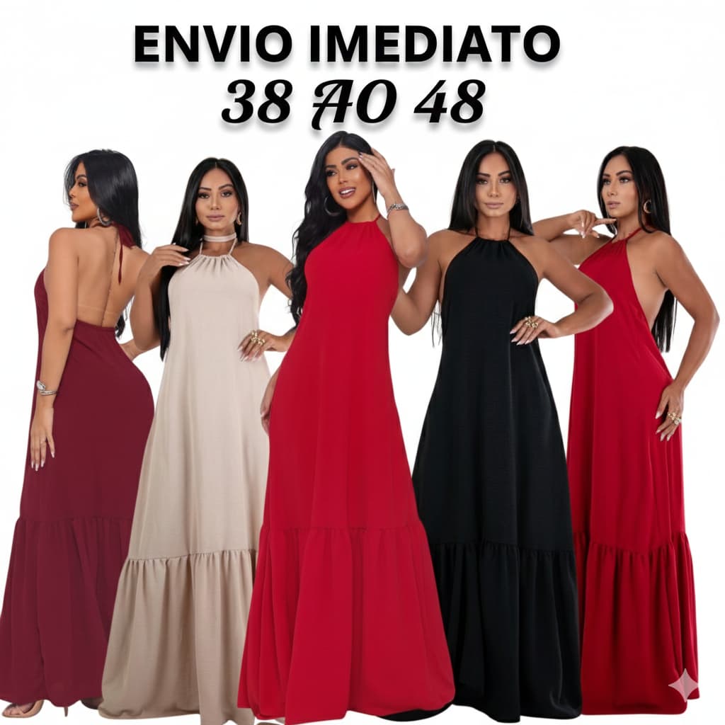 Vestido Longo Feminino Sensual Elegante Detalhe Nas Costas Crepe Dunas Soltinho 38 ao 48  Moda Verão