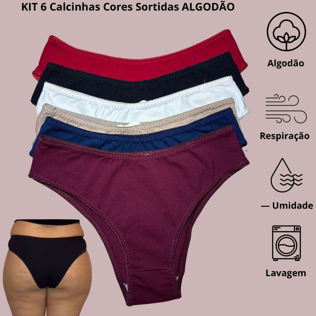 Kit 6 Calcinhas Tanga Plus Size Algodão Cintura Alta Coton