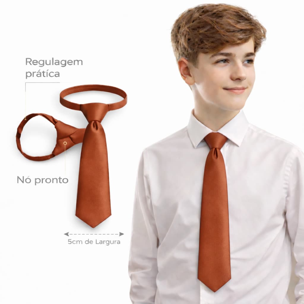 Gravata Slim Juvenil Terracota Com Nó Feito de 9 a 14 Anos Casamento Batizado Pajem