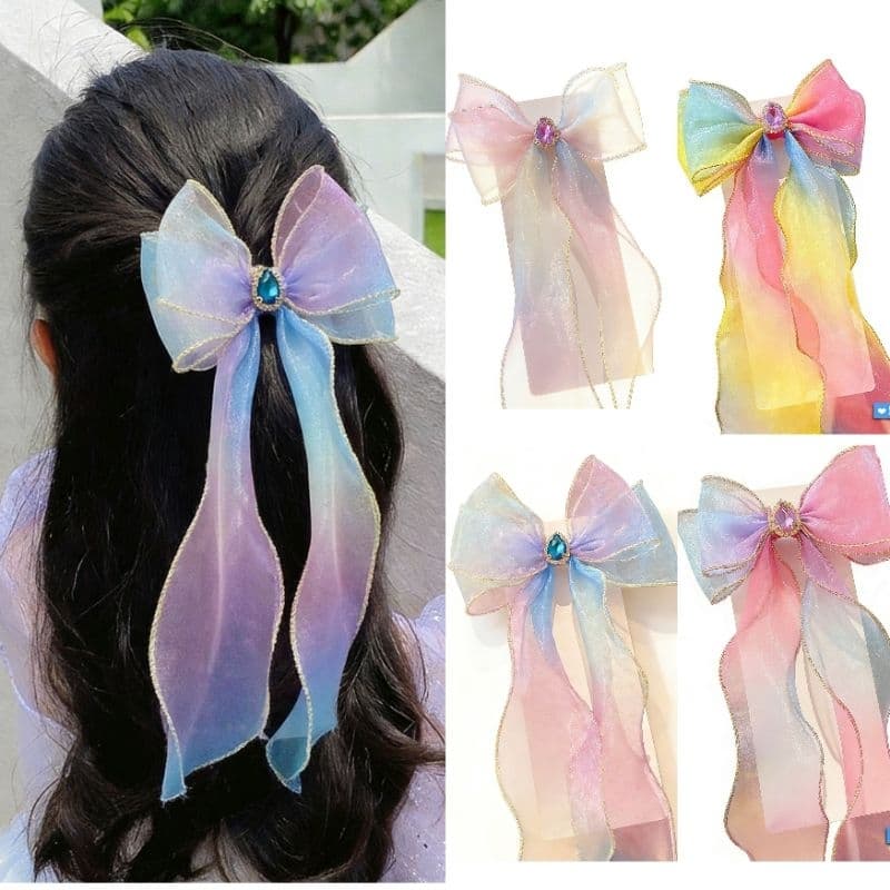 Laço Infantil de Princesa com Fita Longa de Organza e Cristal Luxo