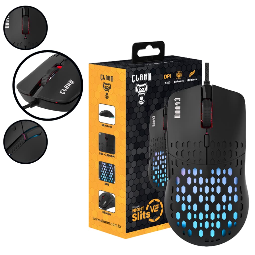 Mouse Gamer Night Slits Clanm 7 Botões V2 7.200 DPI Led Rgb Cabo USB