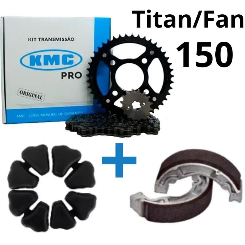 Kit Relação Transmissão Tração KMC ORIGINAL TITAN/FAN 2004 à 2015 + Patins + Coxim