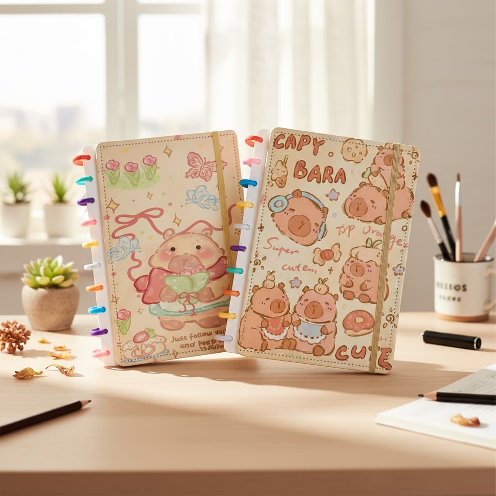 Caderno Inteligente De Capivara Com 10 Discos Coloridos Capa Dura 80 folhas Pautadas Estudos Escolar