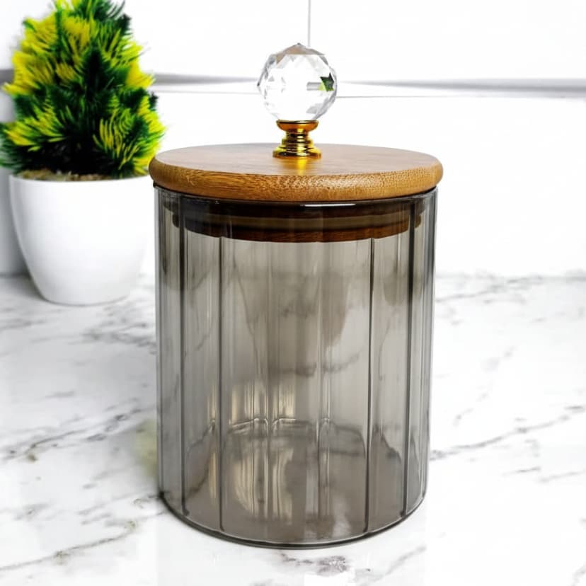 Porta temperos pote Hermético de Vidro Canelado Cristal com Tampa de Bambu Cristal Organização Cozinha 500ml