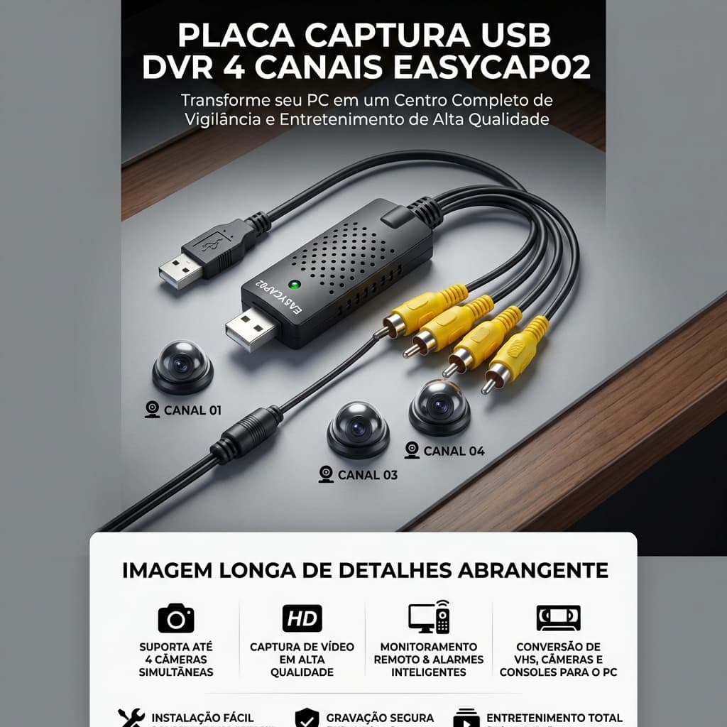 Placa de Captura USB DVR 4 Canais EasyCAP02 Transforme seu PC em um sistema de vigilância captura de vídeo