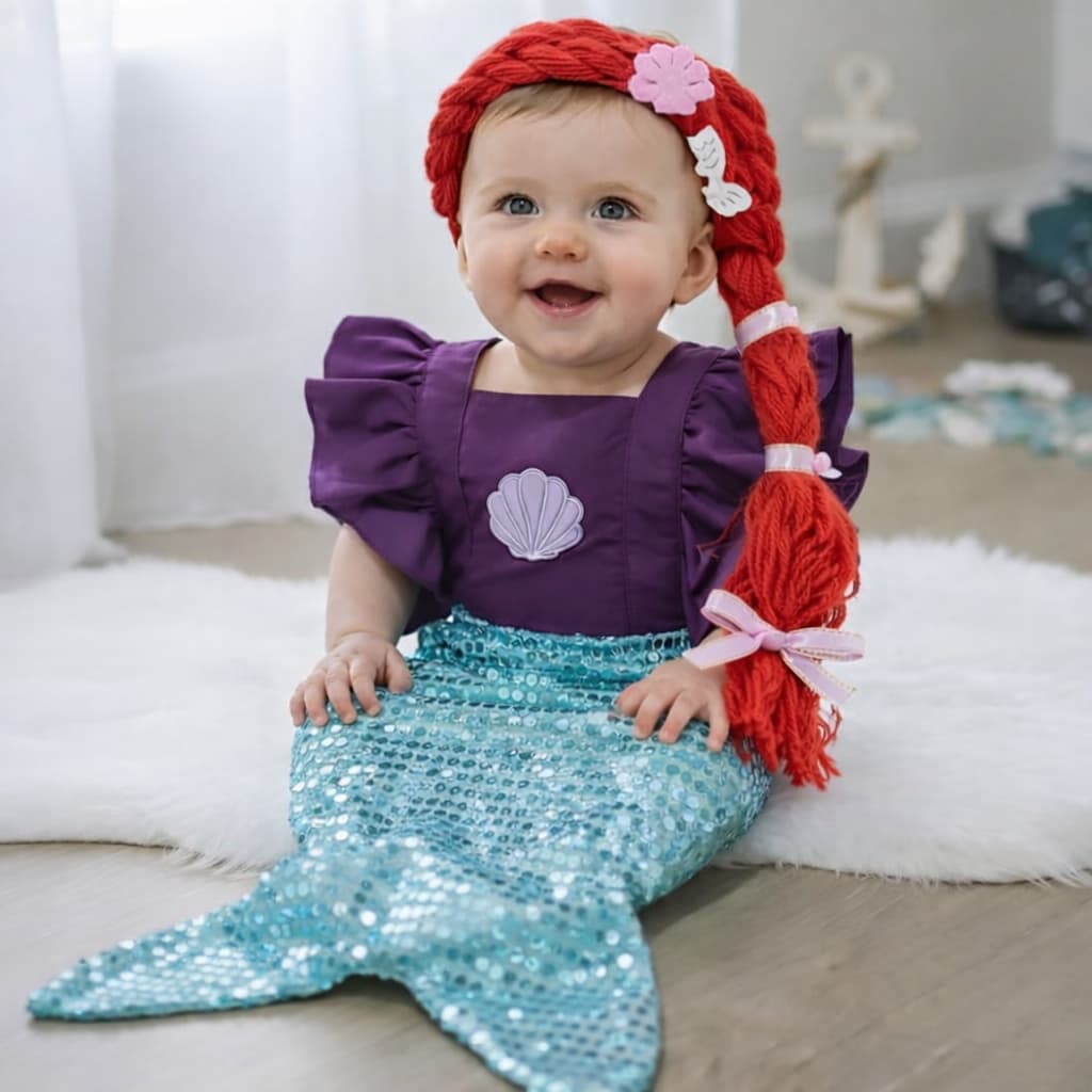Fantasia Sereia Bebê Menina Romper Jardineira Mesversário com Tiara Infantil Criança